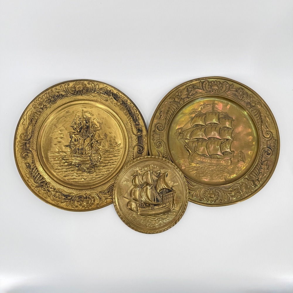 Vintage Gold Sailing Ship Wall Plaques Set 3 Embossed Nautical Maritime Decor
